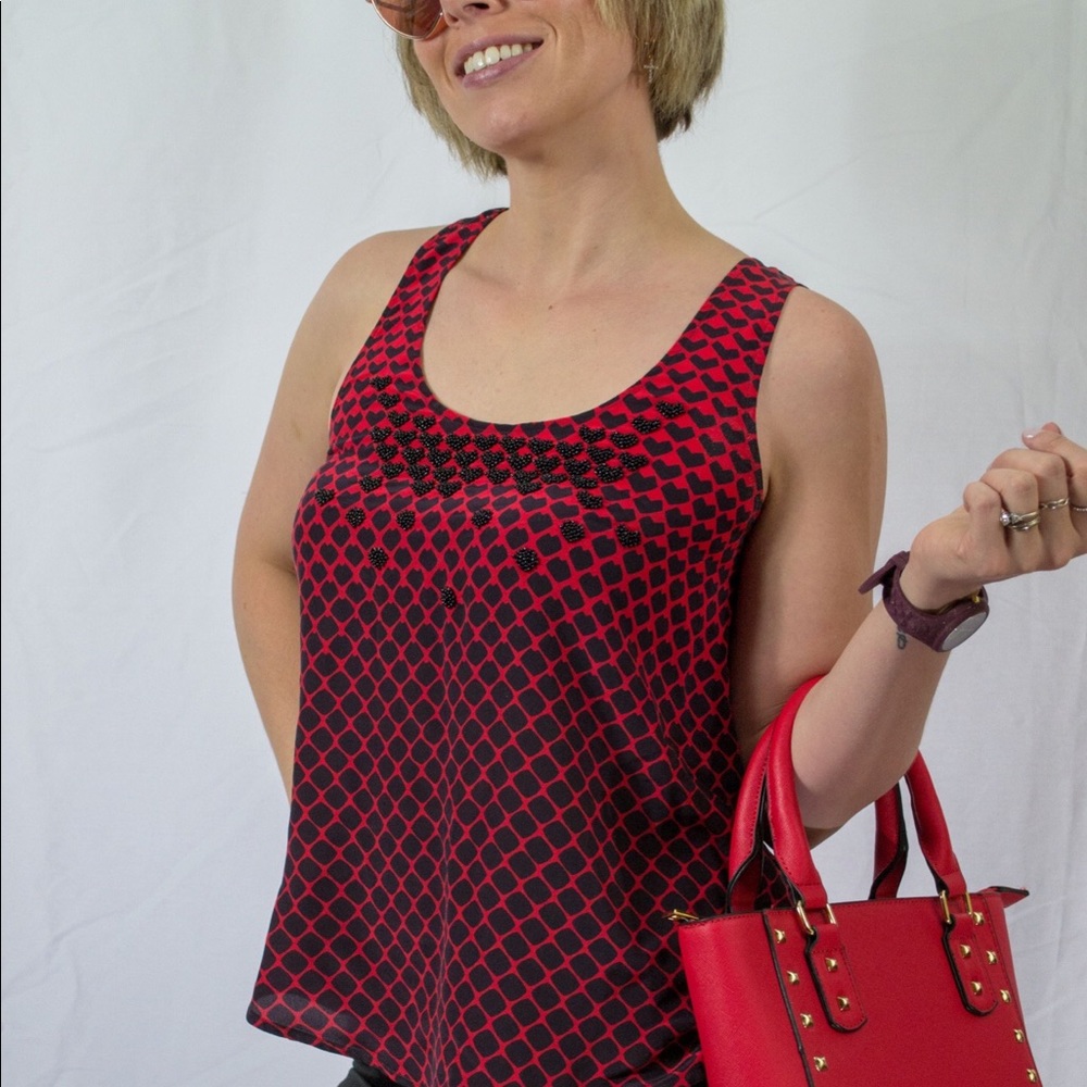 Club Monaco Silk Wrap Top Black ,Red Heart Pattern